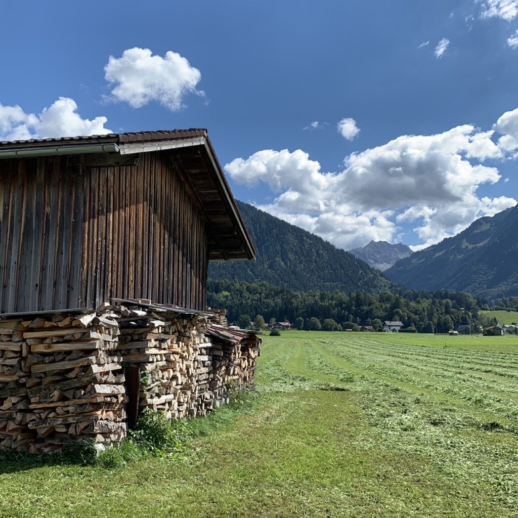 Oberstdorf: Hütte mit frisch gemähtem Gras und Gerben im Hintergrund