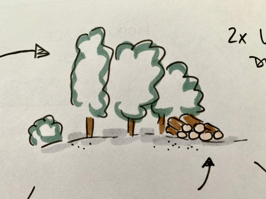 Zeichnung Wald mit Stapel Holz