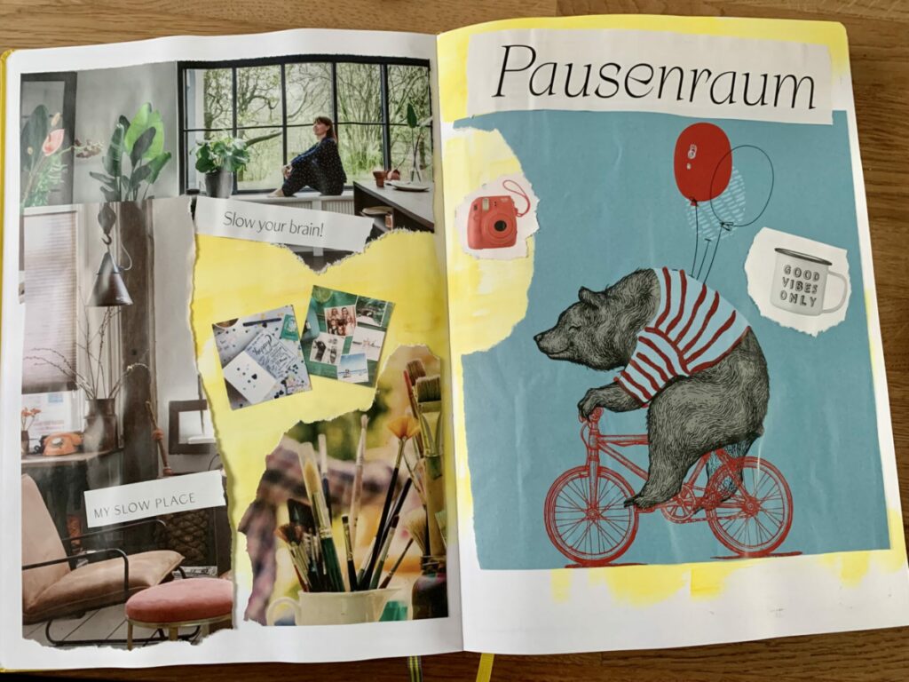 Doppelseitige Collage: Links Wohnräume, rechts Druck von einem Bären, der Fahrrad fährt. Darüber der Text "Pausenraum"