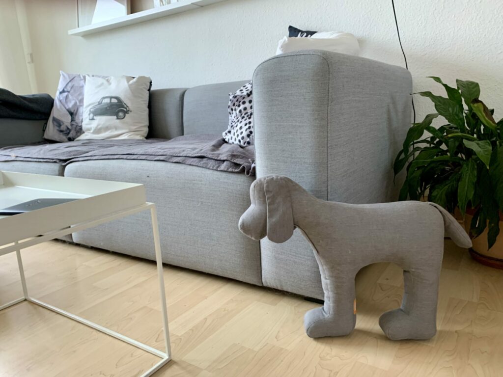 Hans-Dieter: Couch und Couchtisch. Davor sieht man einen grauen Stoff-Hund - ein Spielzeug von meinem Hund Lise