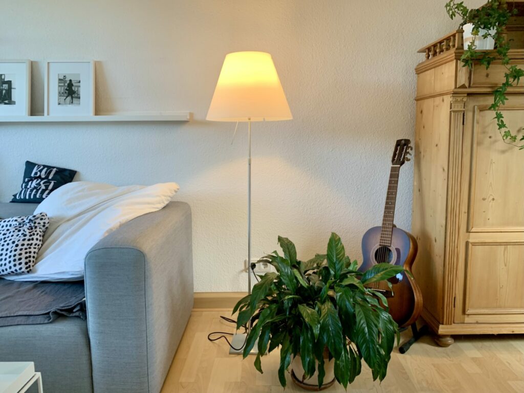 Stehlampe Constanza zwischen Schrank und Couch mit Blume davor