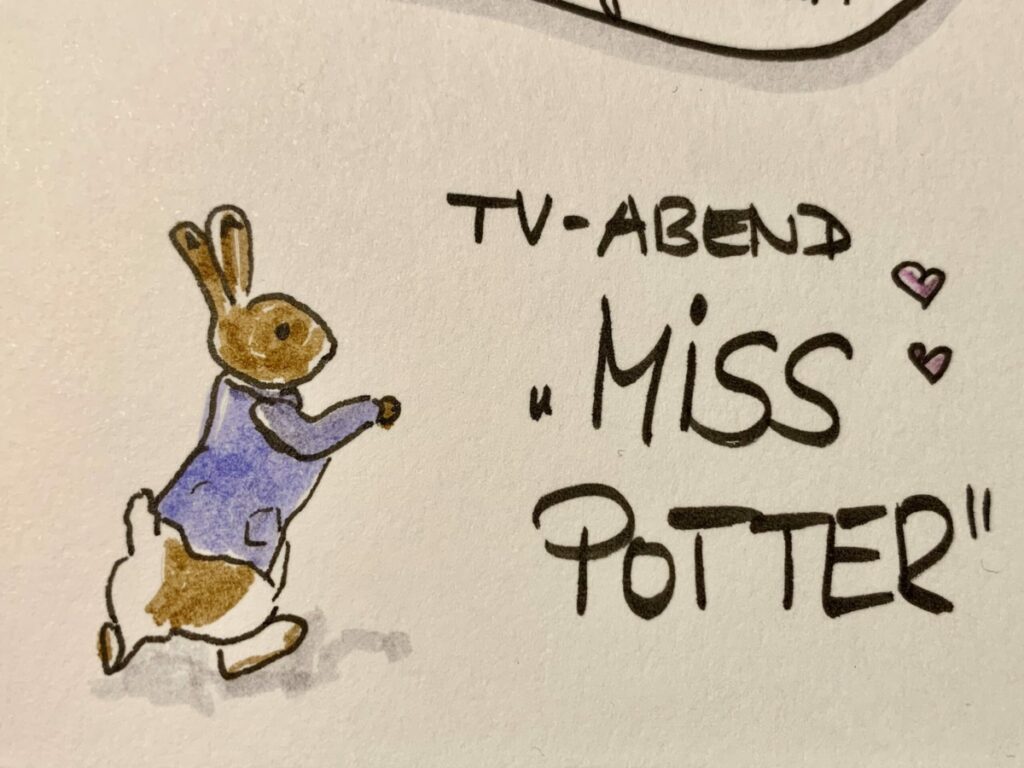 Miss Potter: Zeichnung zum Film mit einem kleinen Hasen in blauer Jacke und dem Schriftzug "TV-Abend Miss Potter"