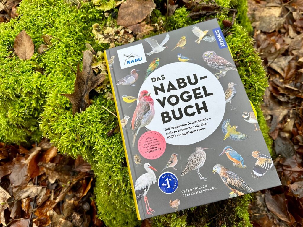 NABU-Vogelbuch, liegend auf einem vermoosten Baumstumpf