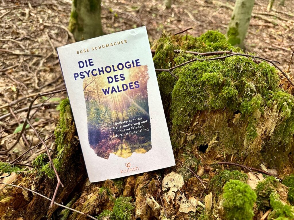 Buch "Die Psychologie des Waldes" auf einem vermoosten Baumstumpf stehend. 